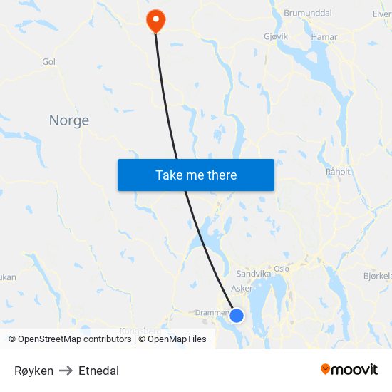 Røyken to Etnedal map