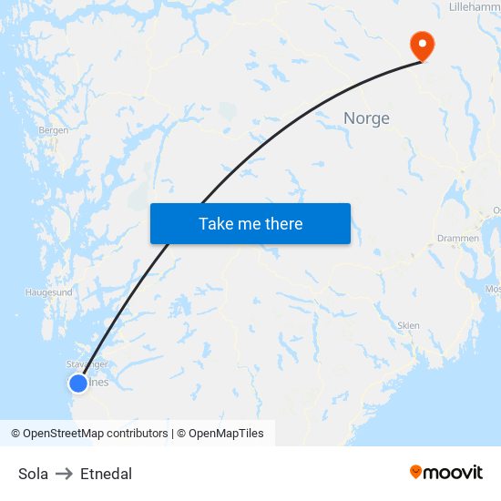 Sola to Etnedal map