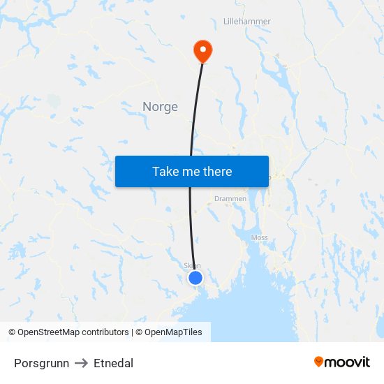 Porsgrunn to Etnedal map