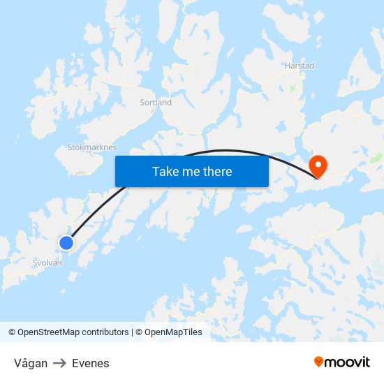 Vågan to Evenes map