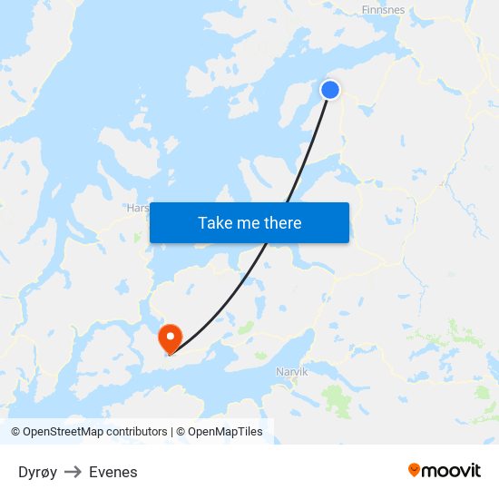 Dyrøy to Evenes map