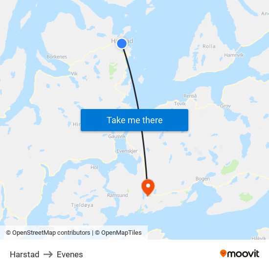 Harstad to Evenes map