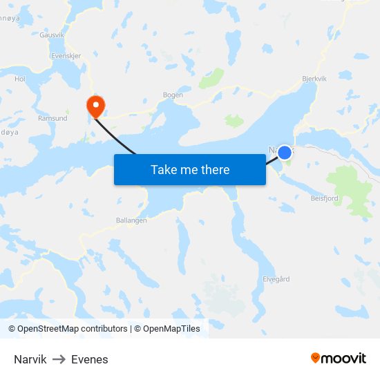 Narvik to Evenes map