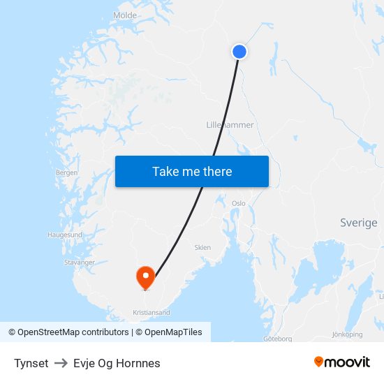 Tynset to Evje Og Hornnes map