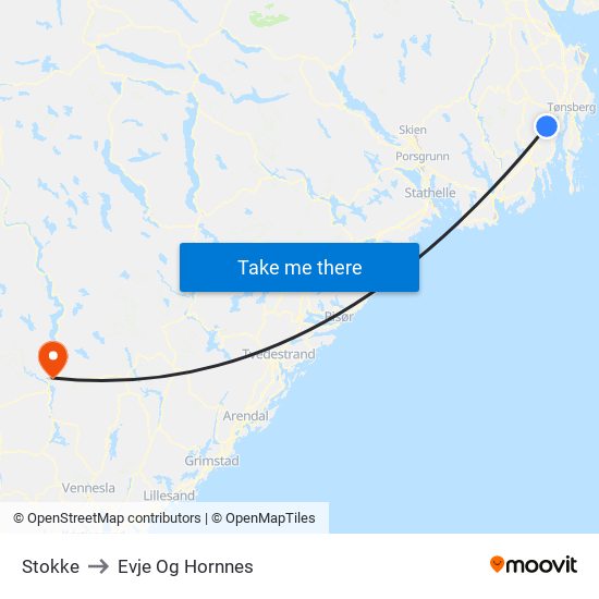 Stokke to Evje Og Hornnes map