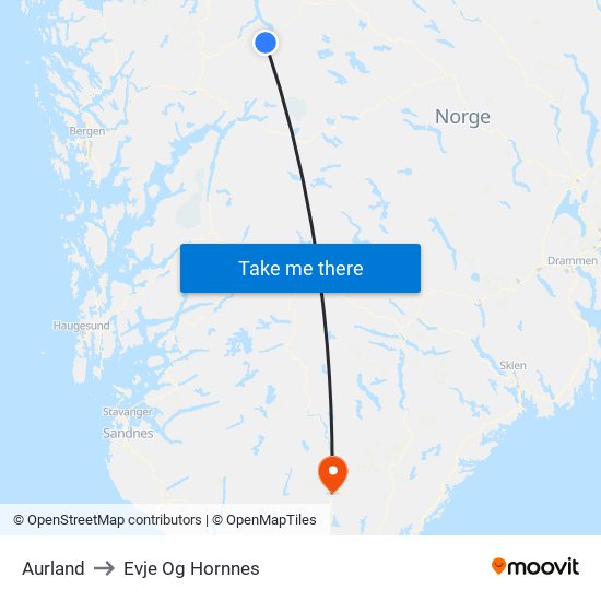 Aurland to Evje Og Hornnes map