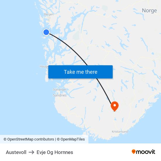 Austevoll to Evje Og Hornnes map