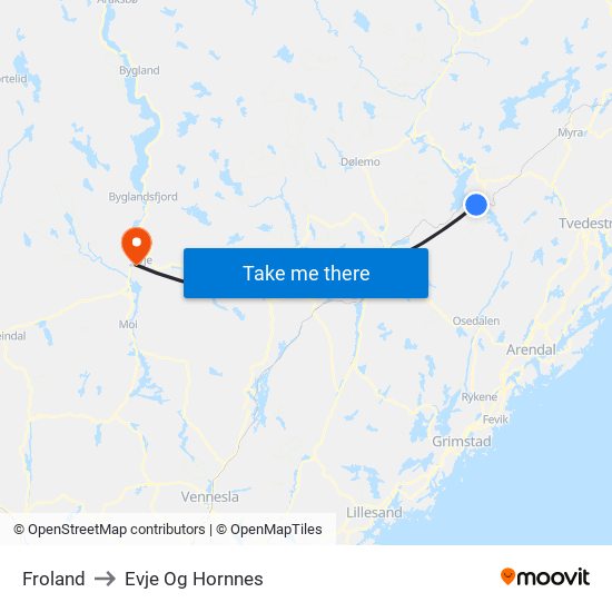 Froland to Evje Og Hornnes map