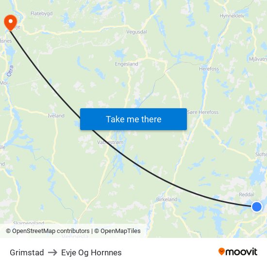 Grimstad to Evje Og Hornnes map