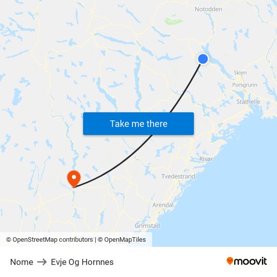 Nome to Evje Og Hornnes map