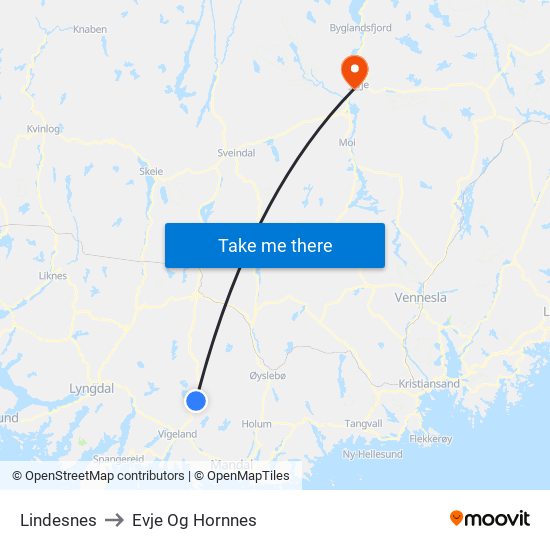 Lindesnes to Evje Og Hornnes map
