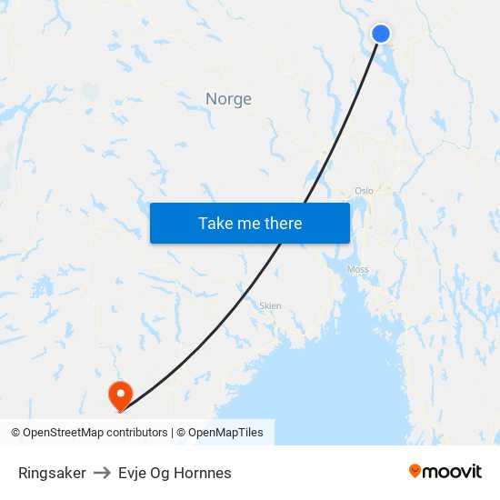 Ringsaker to Evje Og Hornnes map