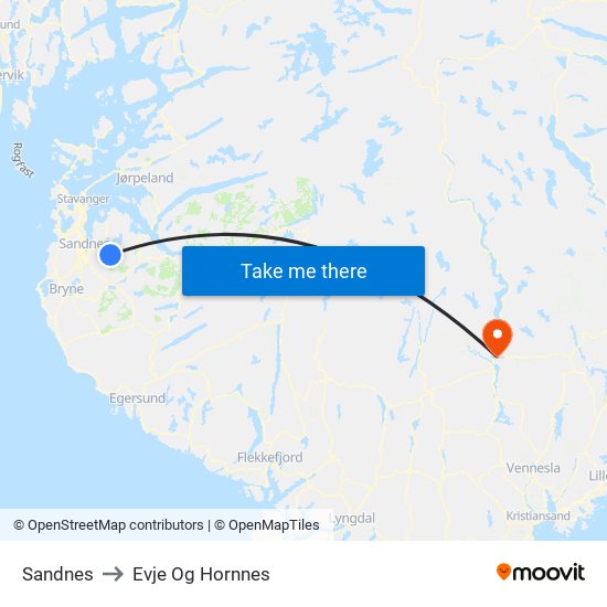 Sandnes to Evje Og Hornnes map