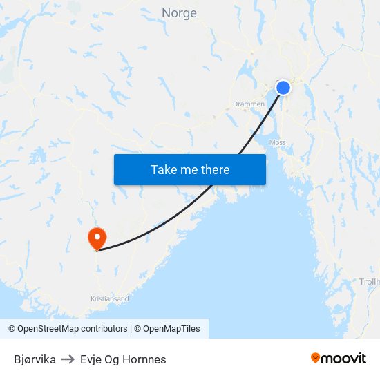 Bjørvika to Evje Og Hornnes map