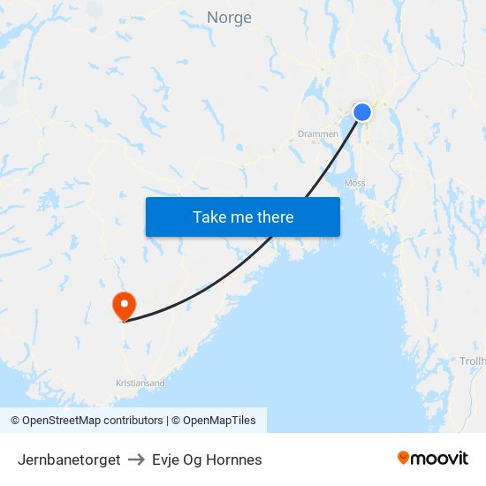 Jernbanetorget to Evje Og Hornnes map