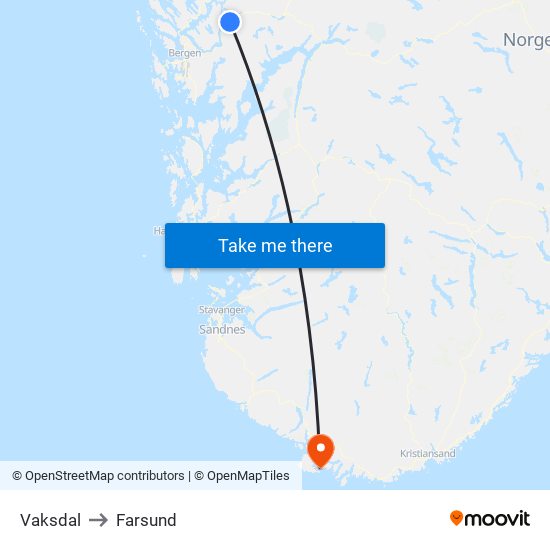 Vaksdal to Farsund map