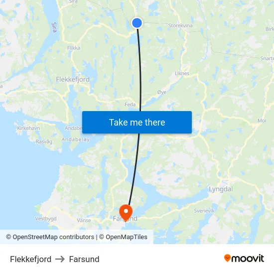 Flekkefjord to Farsund map