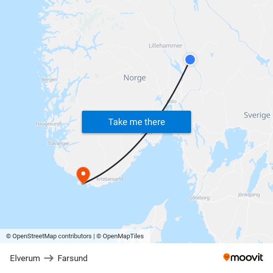 Elverum to Farsund map