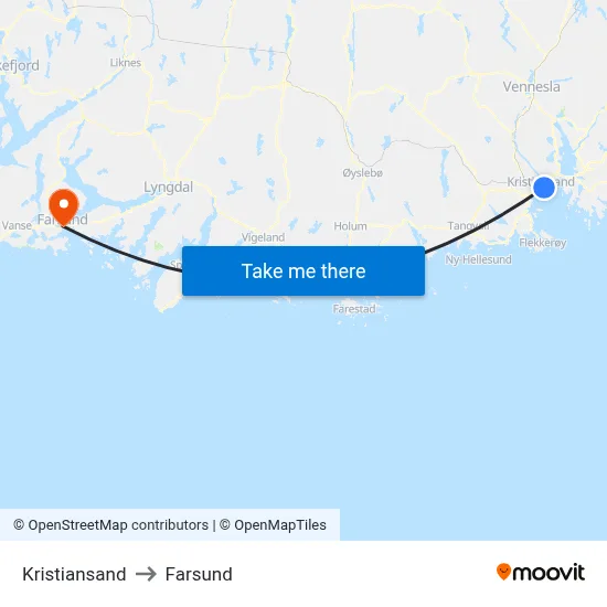 Kristiansand to Farsund map