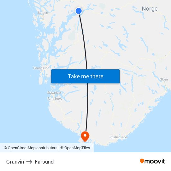 Granvin to Farsund map