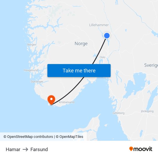 Hamar to Farsund map