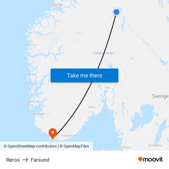 Røros to Farsund map