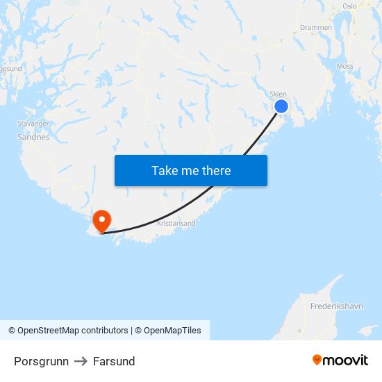 Porsgrunn to Farsund map