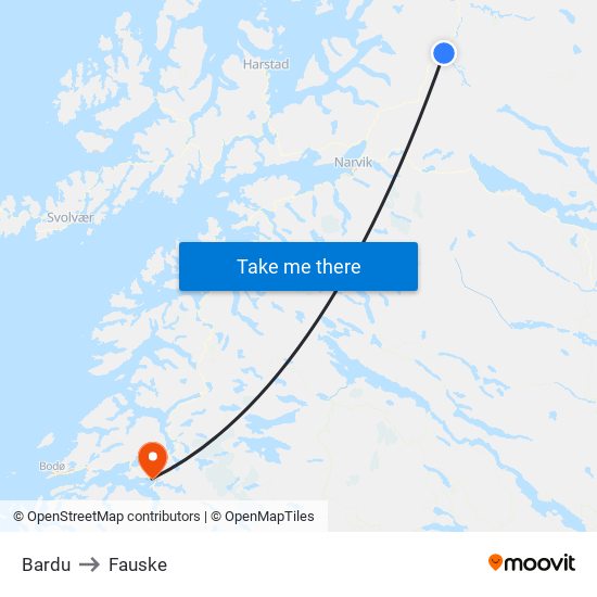 Bardu to Fauske map