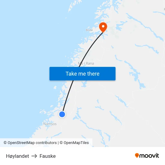 Høylandet to Fauske map