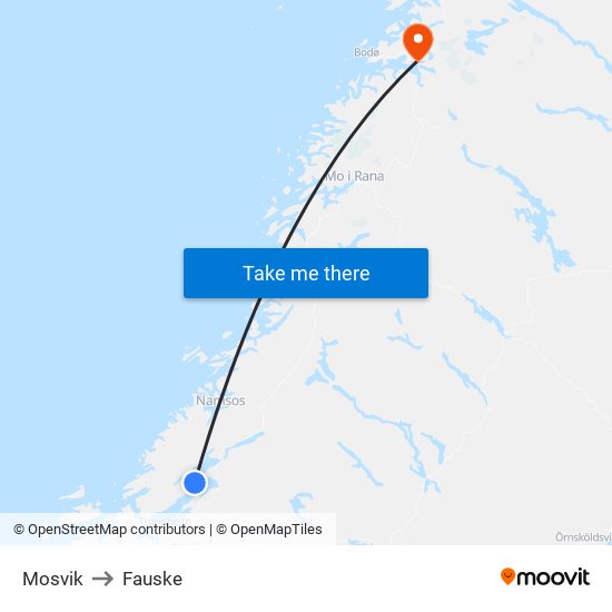 Mosvik to Fauske map