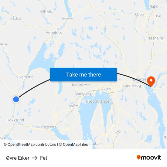 Øvre Eiker to Fet map