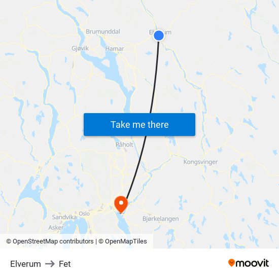 Elverum to Fet map