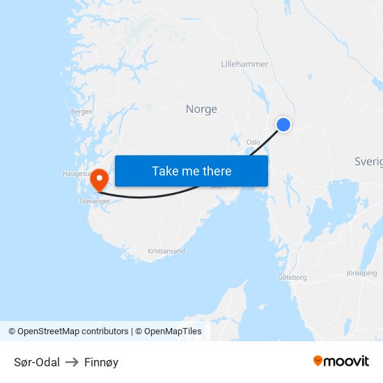 Sør-Odal to Finnøy map