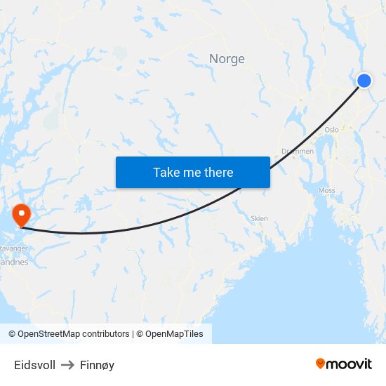 Eidsvoll to Finnøy map