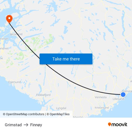 Grimstad to Finnøy map