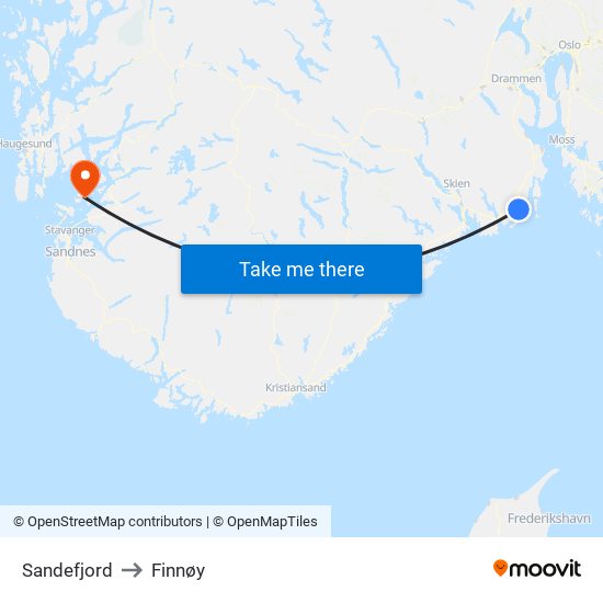 Sandefjord to Finnøy map