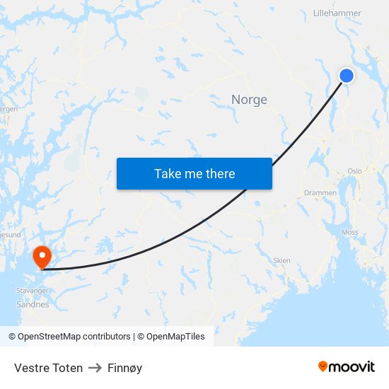 Vestre Toten to Finnøy map