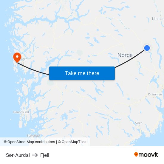 Sør-Aurdal to Fjell map