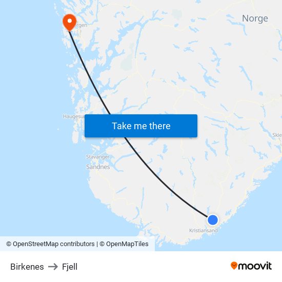 Birkenes to Fjell map