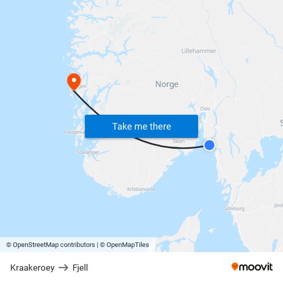 Kraakeroey to Fjell map