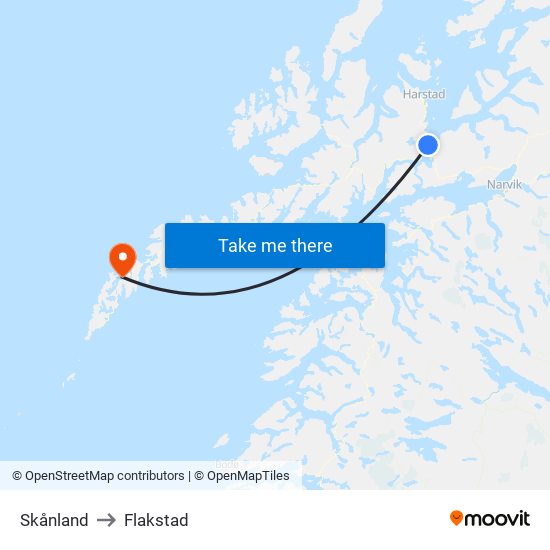 Skånland to Flakstad map