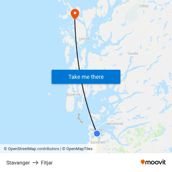 Stavanger to Fitjar map