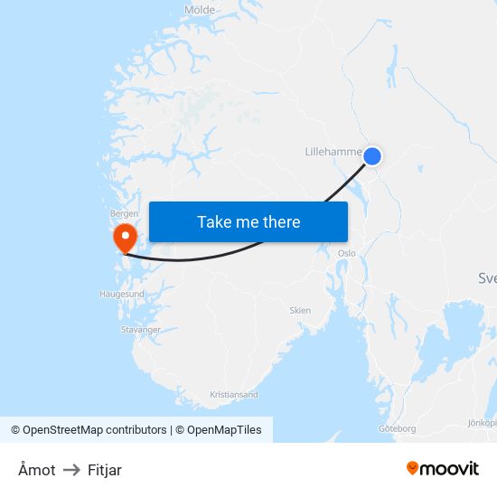 Åmot to Fitjar map