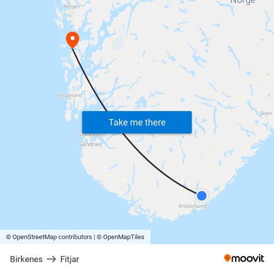 Birkenes to Fitjar map