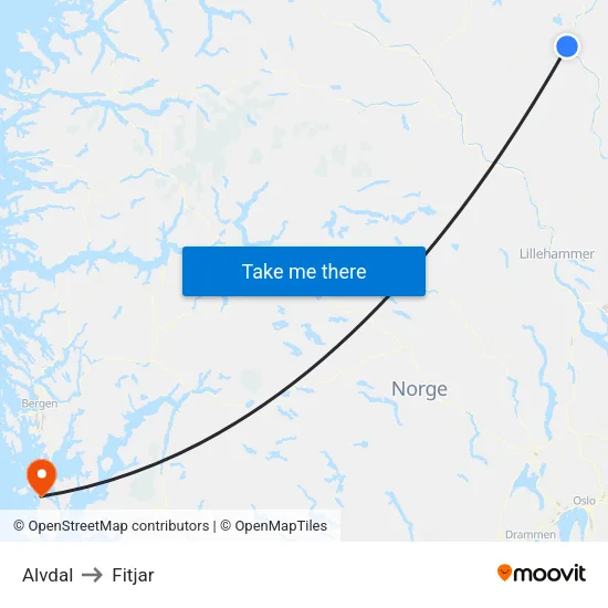 Alvdal to Fitjar map