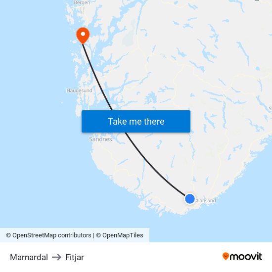 Marnardal to Fitjar map