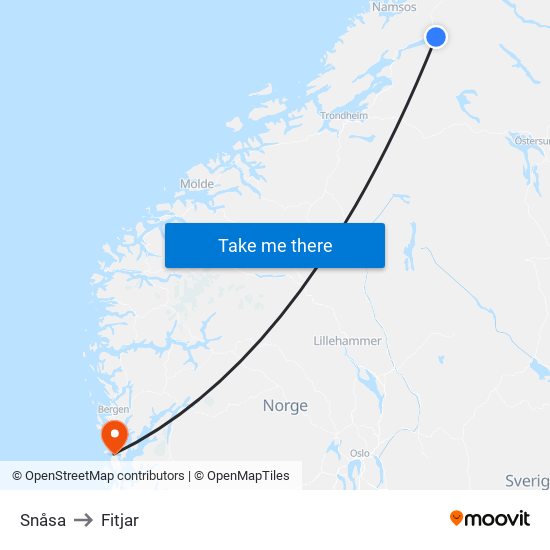 Snåsa to Fitjar map