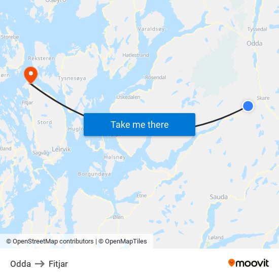 Odda to Fitjar map