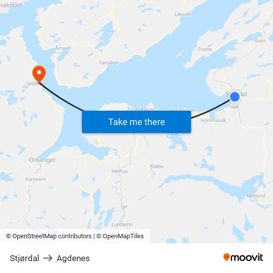 Stjørdal to Agdenes map