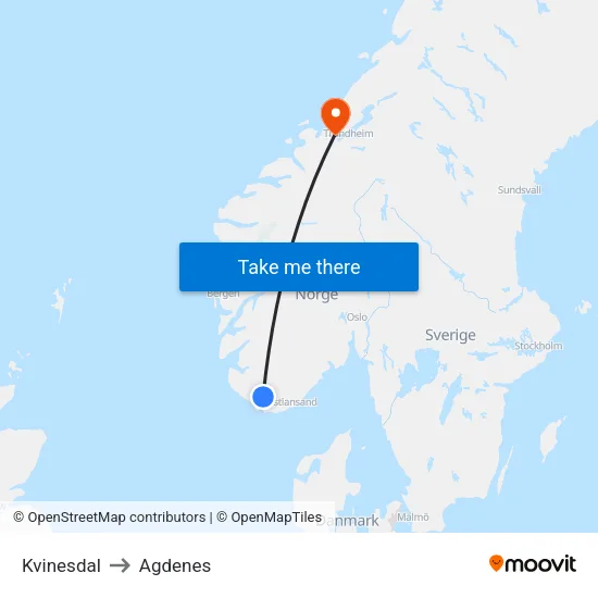 Kvinesdal to Agdenes map